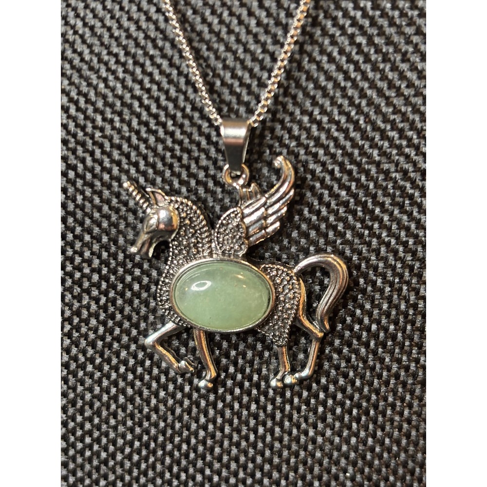 Stainless Steel Pegasus Unicorn Green Stone Pendant Necklace Silver Tone 22in